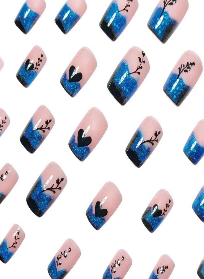 OCOUYVD Blue Gradient French Tip Press on Nails Short Square Shaped False Nails Heart Love Pattern Designs Glitter Acrylic Fake Nails Full Cover Glossy Artificial Stick on Nail Women Nail Art DIY 24 Pcs - Image 5